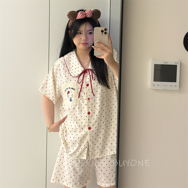 【Gentle Kitty】Plus Size Pajamas for Women Fat mm 100kg Short Sleeve Shorts Cloud Cotton ins Polka Dot Kt Doll Collar