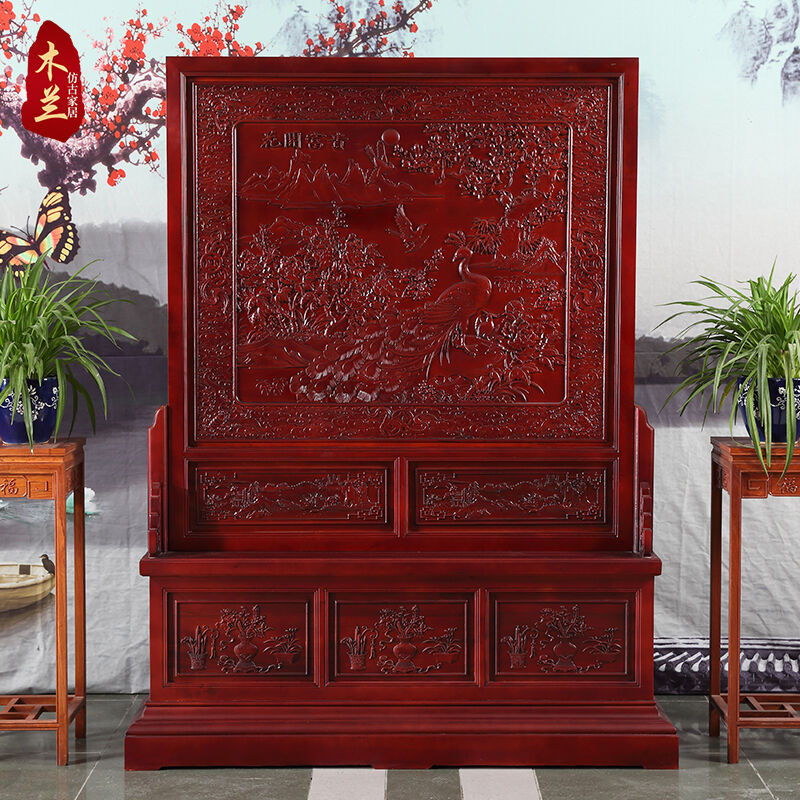 Custom screen partition Solid wood Chinese carved camphor wood flower open rich box seat screen Lobby living room plug-in screen