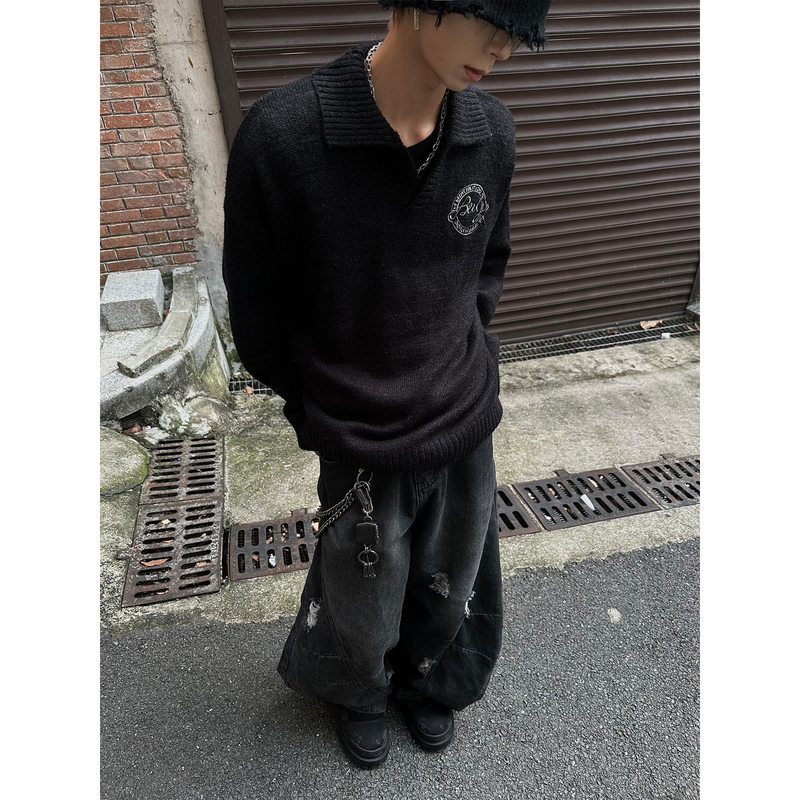 Masonsoul 2025 Autumn Lapel Vintage Knit Sweater Casual Loose American Style Top for Men and Women Trendy