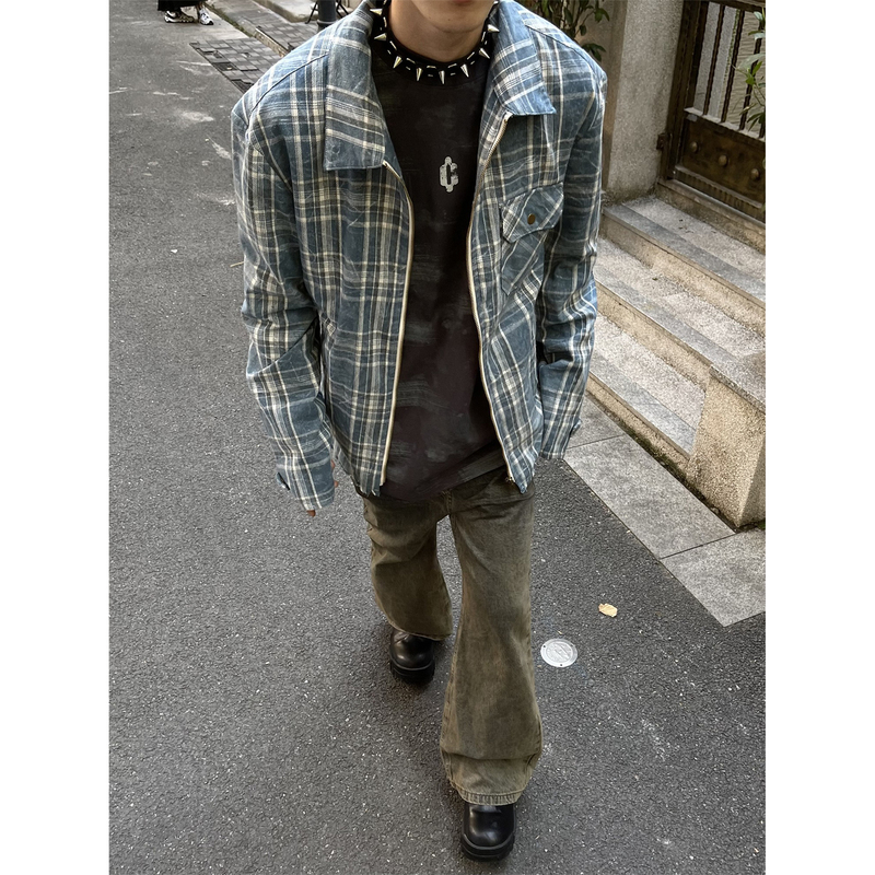 Masonsoul 2025 New Classic American Retro Zip-Up Cardigan Plaid Shirt with Pocket Design Top
