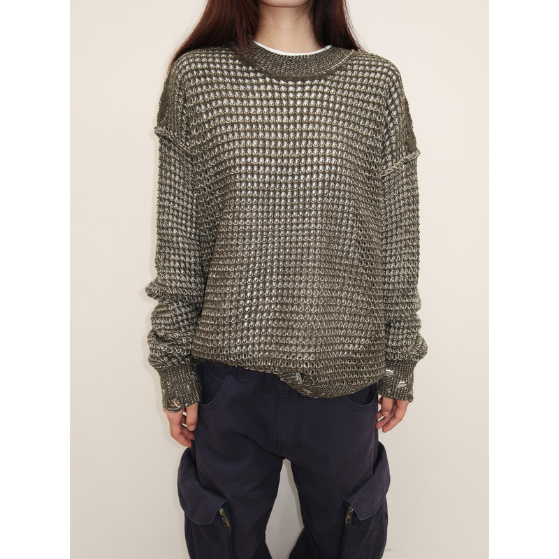 Btsg Reverse Knit Hollow-Out Distressed Drop Shoulder Moss Green Pullover Crew Neck Knitwear Textured Street Style Unisex Sweater