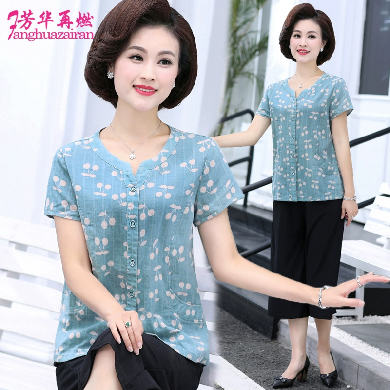 Áo sơ mi nữ mùa hè ngắn tay cho phụ nữ áo phông cotton trung niên và cao tuổi 40 tuổi 50 áo sơ mi cotton rộng trung niên quý phái - Quần áo của mẹ