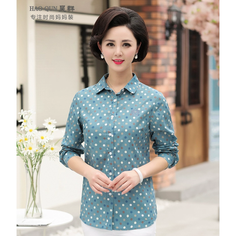 Haoqun 2019 các bà mẹ mặc đồ cotton nữ mùa xuân và mùa thu mới size lớn tay dài trung niên và phụ nữ thời trang áo sơ mi chấm bi - Quần áo của mẹ