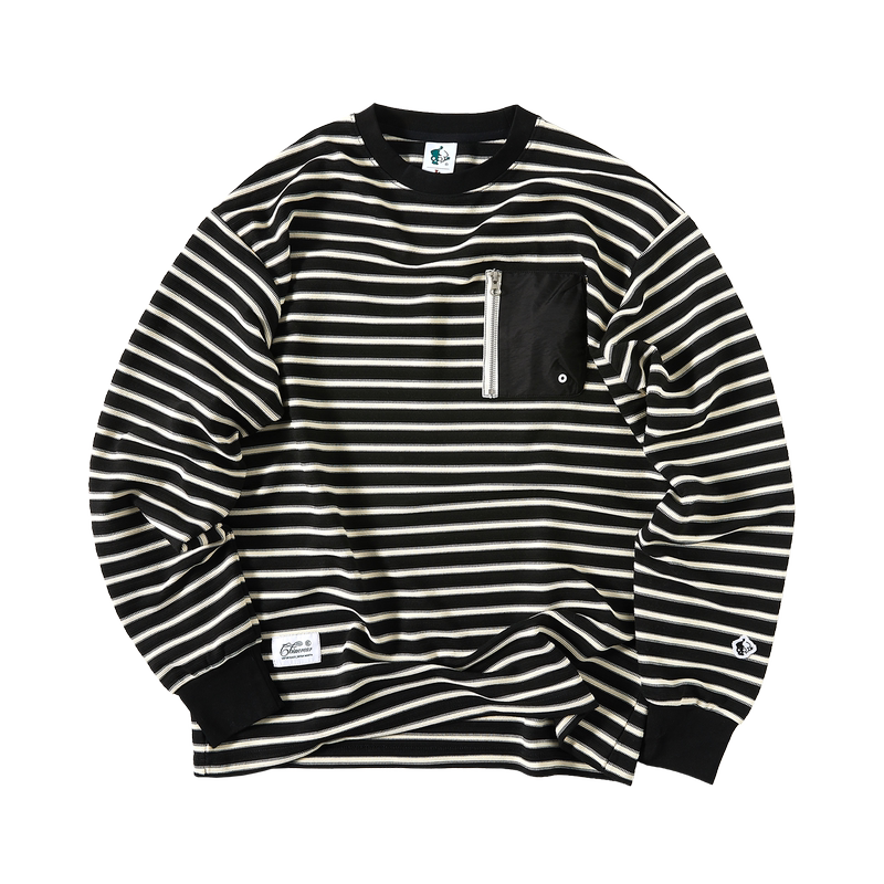 Chincrear 26 Autumn/Winter New Style Patchwork Pocket Loose Fit Cotton Striped Long Sleeve (Black and White Stripes)