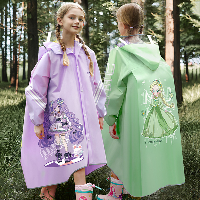 Children's Raincoat with Extra Space for a Backpack, Long Style, Full-Body Storm Protection, for Ten-Year-Old Girls, Elementary School Students, Green Zipper Style, Size 12