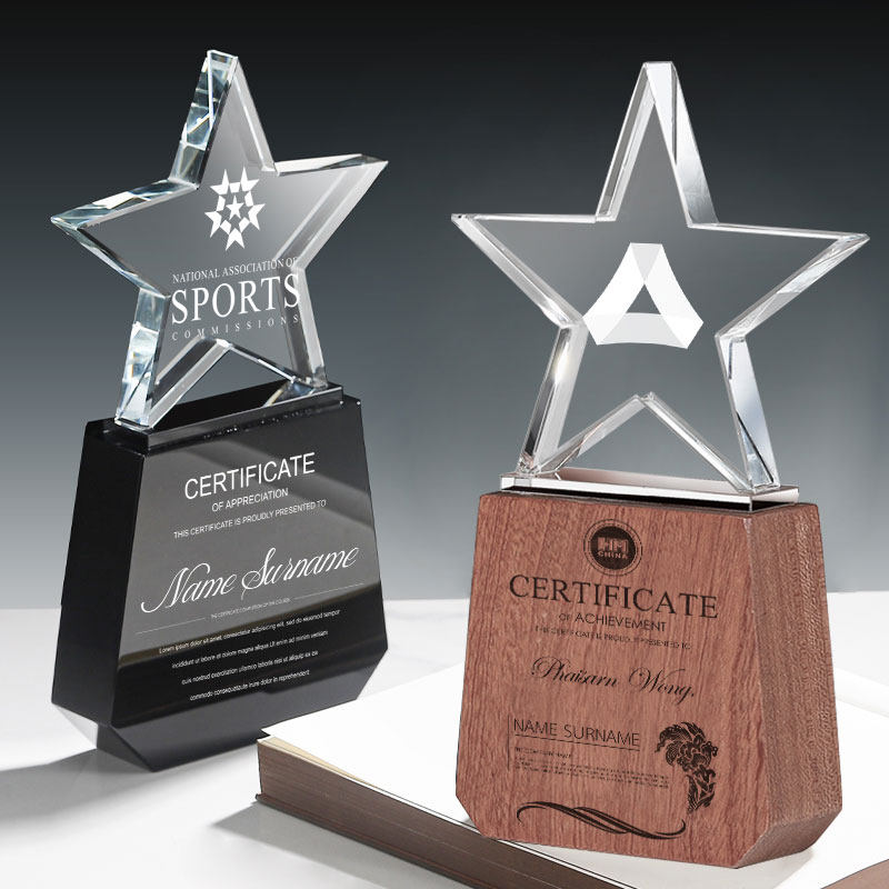 Five-pointed star solid wood trophy custom wood crystal medal custom authorization plate outstanding employee award pin crown engraving