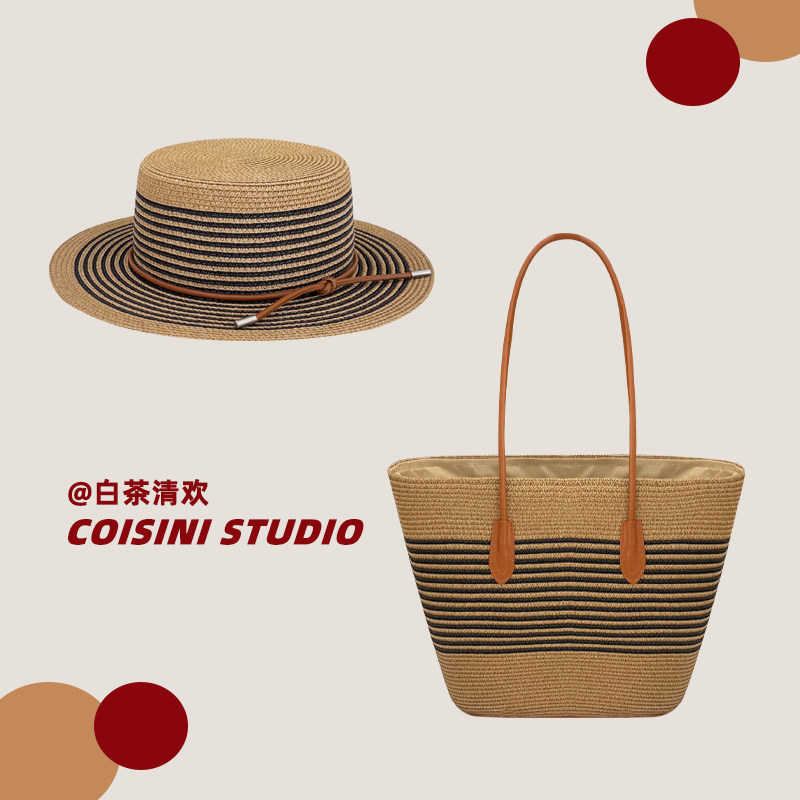 Hand-Woven Large Capacity Straw Tote Bag For Women, Sun Protection Straw Hat Set, Casual Fashion Versatile Shoulder Bag - Thumbnail 2