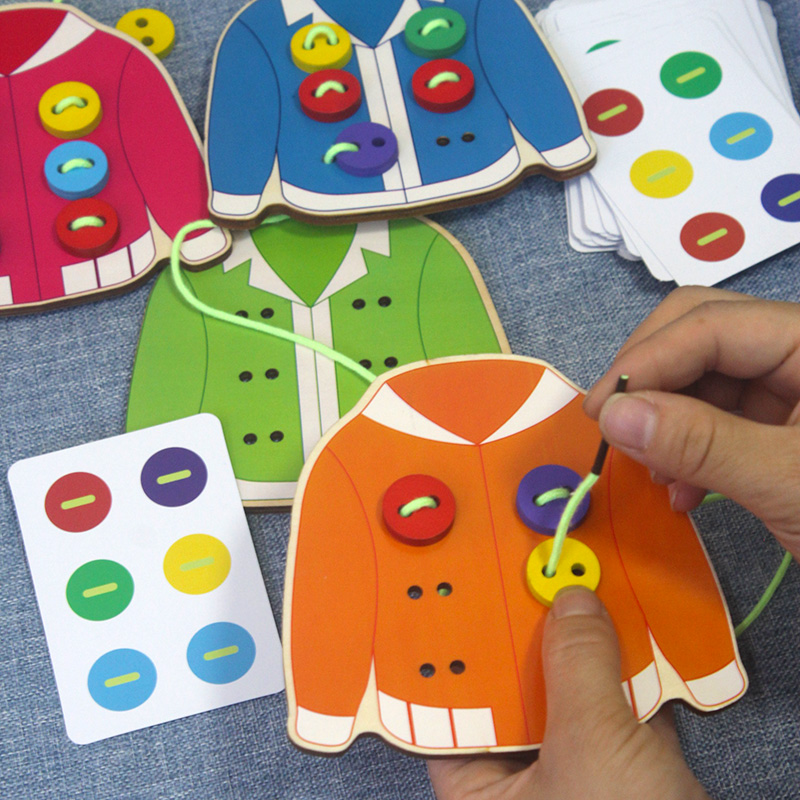 The color of the wooden button threading board of Montessori early education toy is matched with teaching AIDS for middle and primary classes in kindergartens