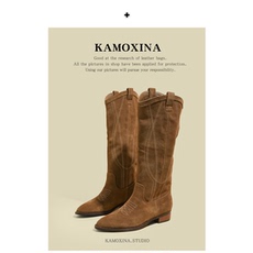 Западные Boots 【卡莫西娜】复古尖头西部牛仔靴长靴子春秋款v口粗跟骑士高筒靴