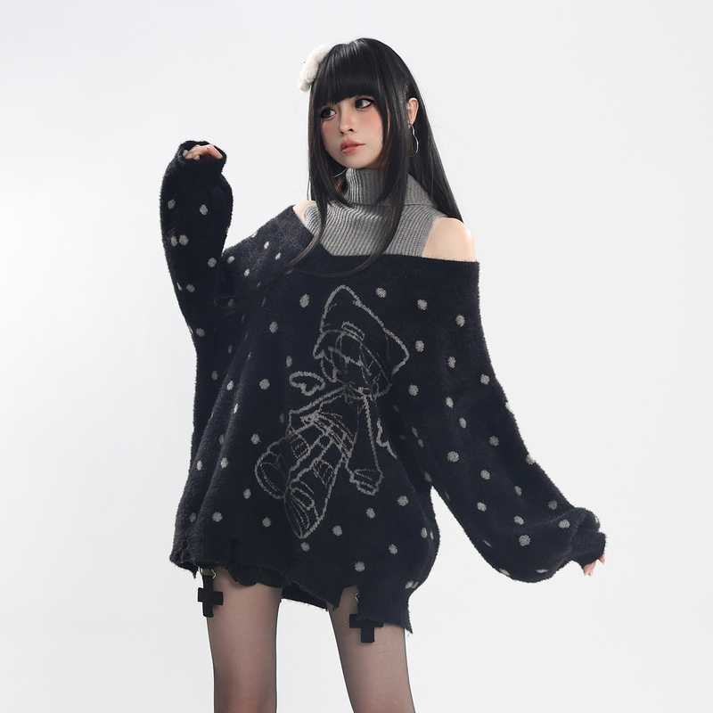Cat Wish Original [Confused Little Angel] Off-Shoulder Patchwork Sweater Sweet Cool Polka Dot Autumn Winter Fake Two-Piece Knitwear