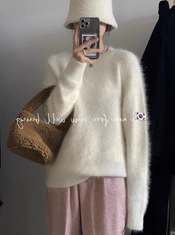 White Mink Velvet Base Knit Sweater Top, Autumn and Winter Thick Pullover, Lazy Style Mohair Sweater for Women, Winter Inner Wear