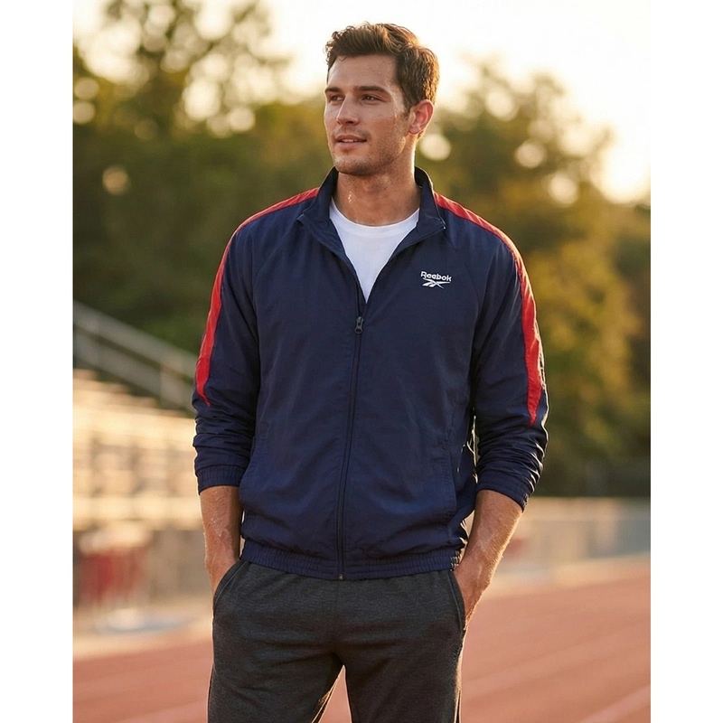 Reebok/Reebok Deep Blue and Red Striped Men's Training Zipper Sports Casual Jacket Eb3629