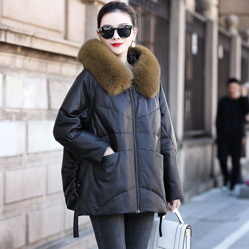 Fashion genuine leather down jacket woman mid length 2023 winter sheep leather fox fur collar design Loose Fur Coat-Taobao