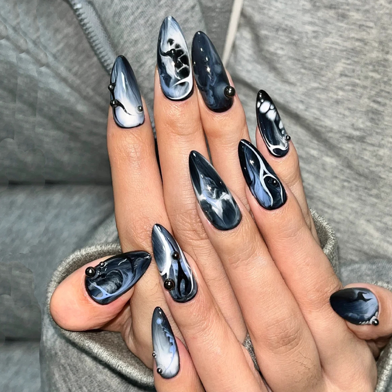 European and American Dark Gothic Style Ink Smudged Wearable Nails, Futuristic Concept Fake Nail Stickers, Almond-Shaped Pointed Finished Nail Pieces European and American Dark Gothic Style Ink Smudged Wearable Nails, Futuristic Concept Fake Nail Stickers, Almond-Shaped Pointed Finished Nail Pieces