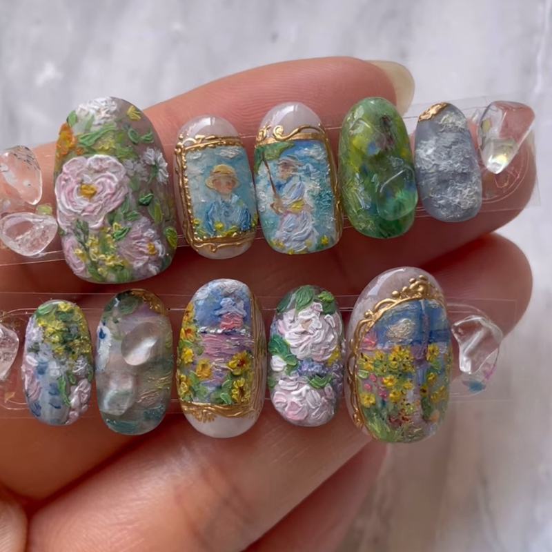 Wind and Wild Impression Monet's Garden Wearable Nails European and American Retro Oil Painting Pattern Nail Stickers Romantic Literary Fake Nail Pieces Wind and Wild Impression Monet's Garden Wearable Nails European and American Retro Oil Painting Pattern Nail Stickers Romantic Literary Fake Nail Pieces