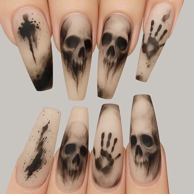 Halloween Cosplay Nail Art with Black Skeleton Design, Finished Dark Style Fake Nail Stickers Halloween Cosplay Nail Art with Black Skeleton Design, Finished Dark Style Fake Nail Stickers