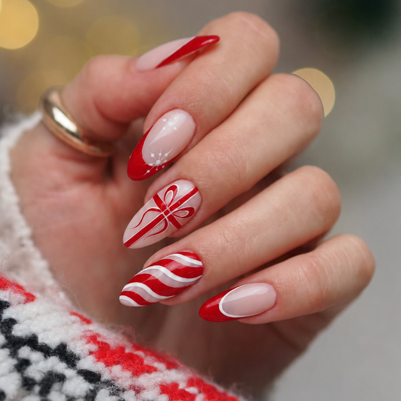 Christmas Snowflake Bowknot Nail Art Finished Product European and American Holiday Red French Ribbon Nail Tips Fake Nail Stickers Christmas Snowflake Bowknot Nail Art Finished Product European and American Holiday Red French Ribbon Nail Tips Fake Nail Stickers
