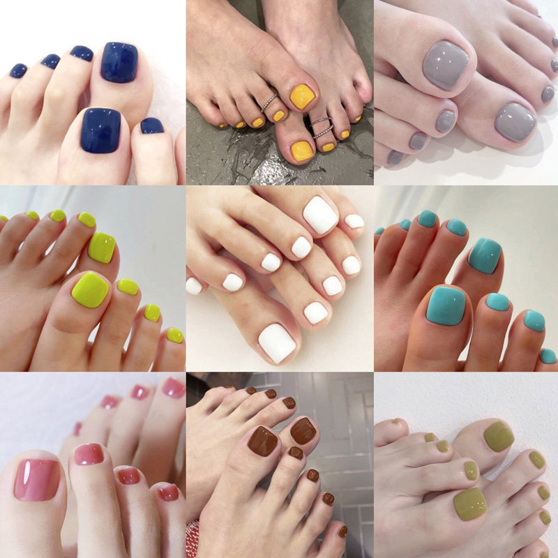 Fake Toe Nail Tips Jelly Pure Black White Red Green Pink Purple Gray Blue Wearable Finished Nail Art Glue Adhesive Tips