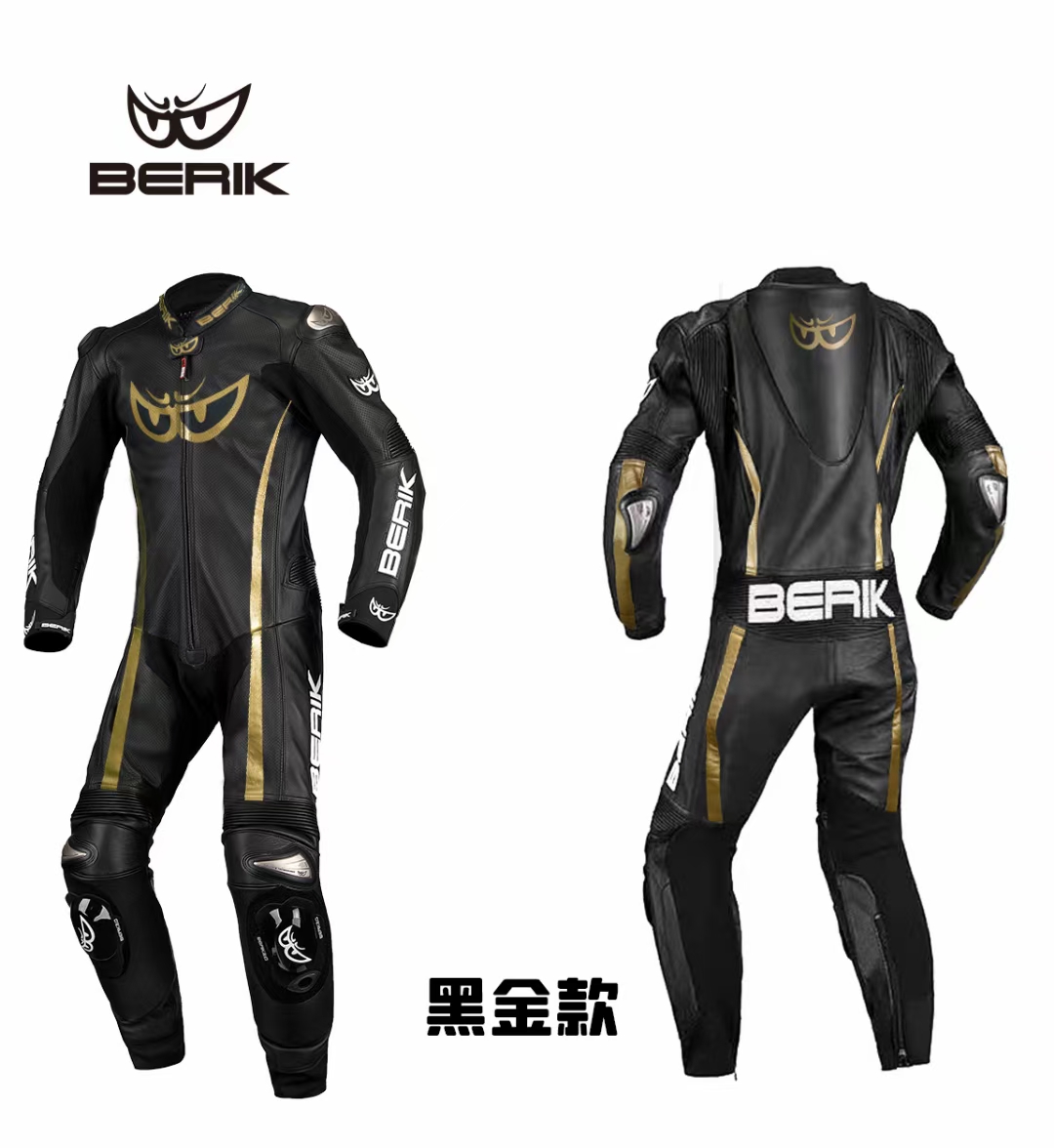 Italy BERIK big eye black gold locomotive locomotive punching windproof track riding anti-fall one-piece leather jacket men