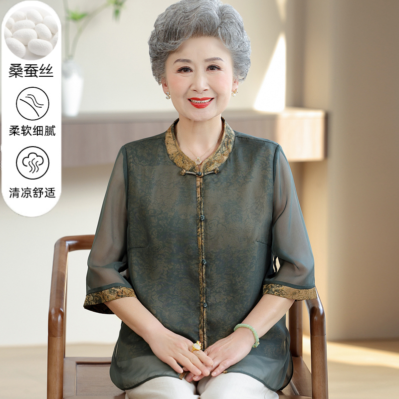 Elegant Summer Silk Blouse for Elderly Women, Suitable for 70-80 Year Old Mothers, Made of Thin Silk and Cloud Silk
