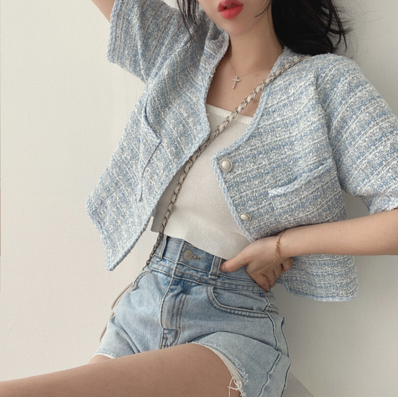 Chanel-Style Korean Short-Sleeve Cardigan Jacket for Women, Summer High-End Niche Tweed Exquisite Short Top Trendy Chanel-Style Korean Short-Sleeve Cardigan Jacket for Women, Summer High-End Niche Tweed Exquisite Short Top Trendy