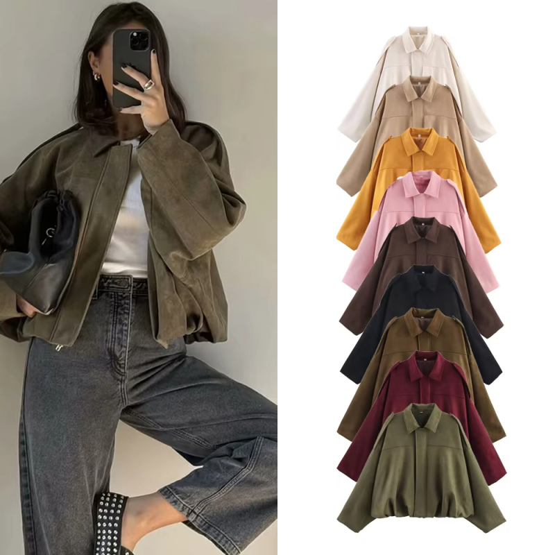 Women's Faux Suede Bomber Jacket Lapel Pilot Coat Casual Jacket