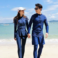 Cặp đôi đồ bơi nữ mới Hàn Quốc một mảnh váy thể thao bảo thủ che bụng mảnh mai áo tắm quần nam phù hợp với quần đi biển - Vài đồ bơi 	đồ đôi đi biển màu xanh
