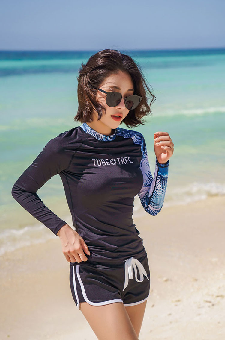 Áo tắm dài tay chống nắng nữ bảo thủ suối nước nóng Hàn Quốc góc phẳng thể thao chia đôi vai cỡ lớn đồ bơi đôi - Vài đồ bơi 	đồ đôi đi biển cho mẹ và bé	