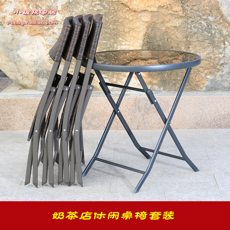 Outdoor Leisure Folding Glass Round Square Table And Chairs Suit Outdoor Milk Tea Cold Drinks Sweet Shop Table Rattan choreography Chair Composition