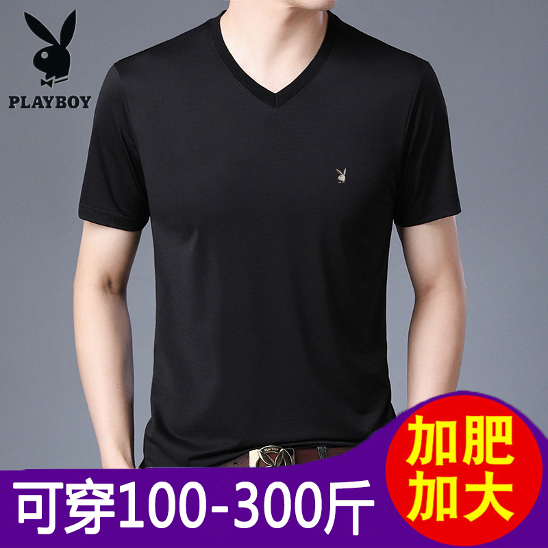 Playboy Plus-Size Men's Short-Sleeve T-Shirt, Summer V-Neck Ice Silk Oversized Crew Neck Half-Sleeve Undershirt