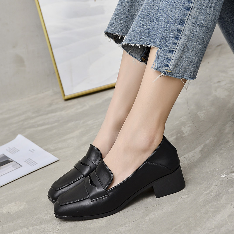 Heightening small leather shoes female British style single shoes 2021 new spring black thick heel square toe slip-on loafers