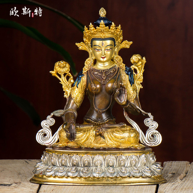 Oster White Tara bronze statue Chinese-style home living room copper gold-plated silver-plated 7-inch decorative ornaments double lotus base