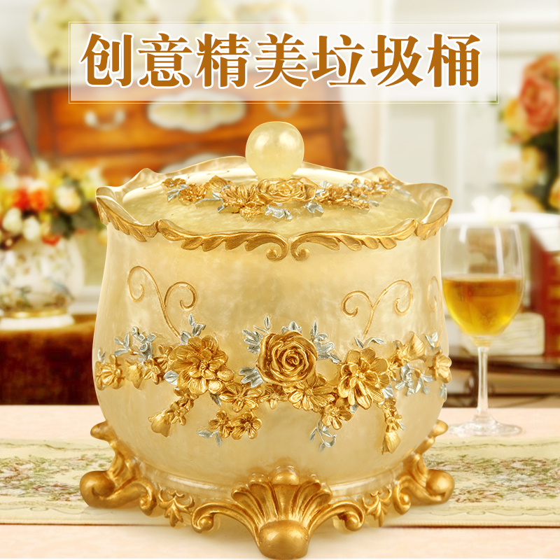 European-Style Living Room Household Trash Can with Lid, High-End Resin Trash Basket for Moving into a New Home, Creative Desktop Storage Bin