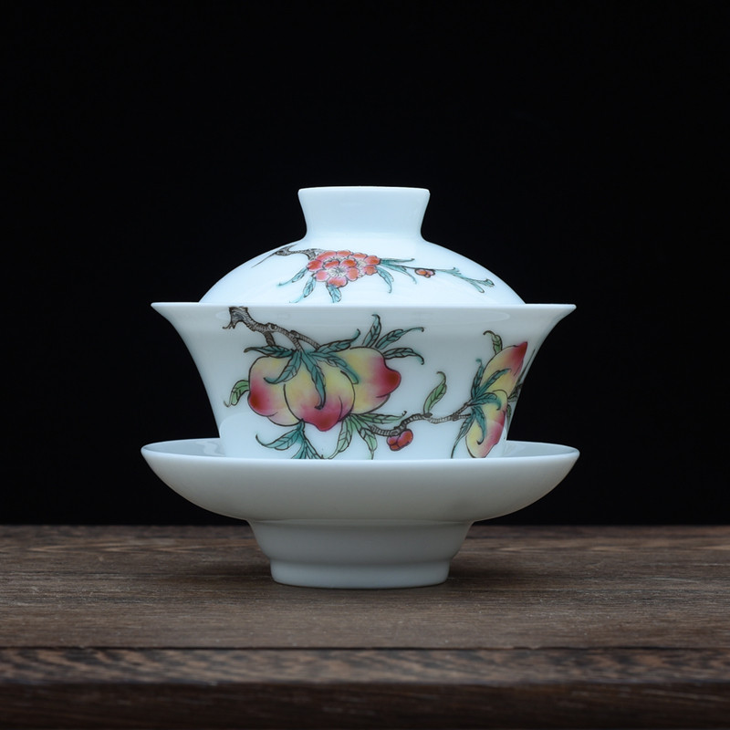 Gaiwan Shoutao pastel hand-painted calligraphy and painting Jingdezhen ceramic teacup Sancai bowl tea tasting tea antique porcelain tea bowl