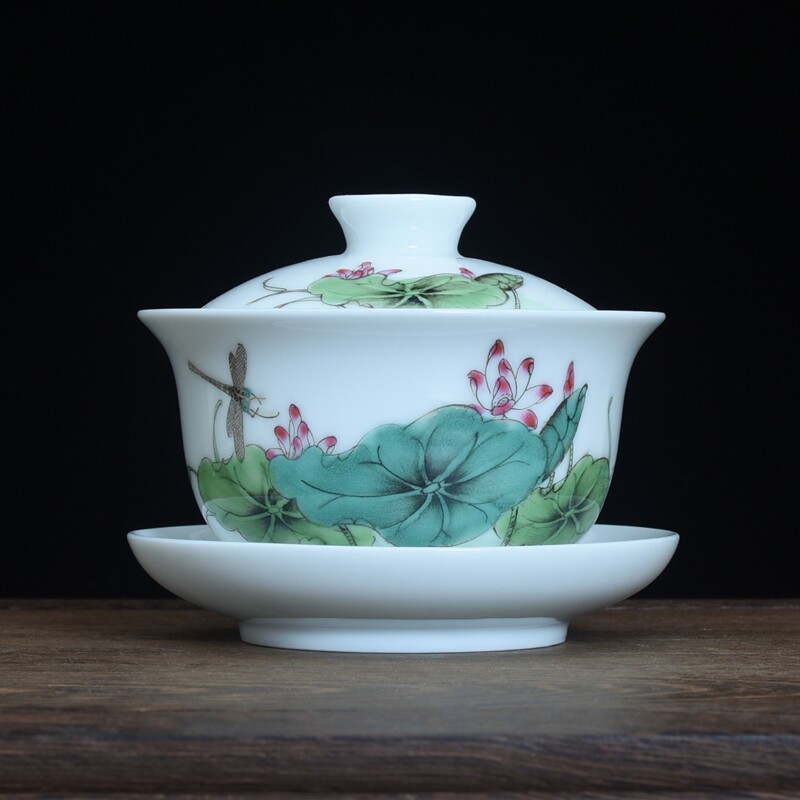 Lotus leaf pattern pastel cover bowl hand-painted calligraphy and painting cover bowl tea cup tea bowl Jingdezhen ceramic cover bowl kung fu tea set