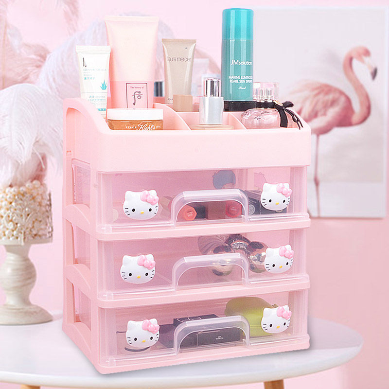 Online Red Cosmetics Storage Box Woman Cute Rack Table Top Drawer Cartoon Makeup Desk Skin Care Products Finishing Box
