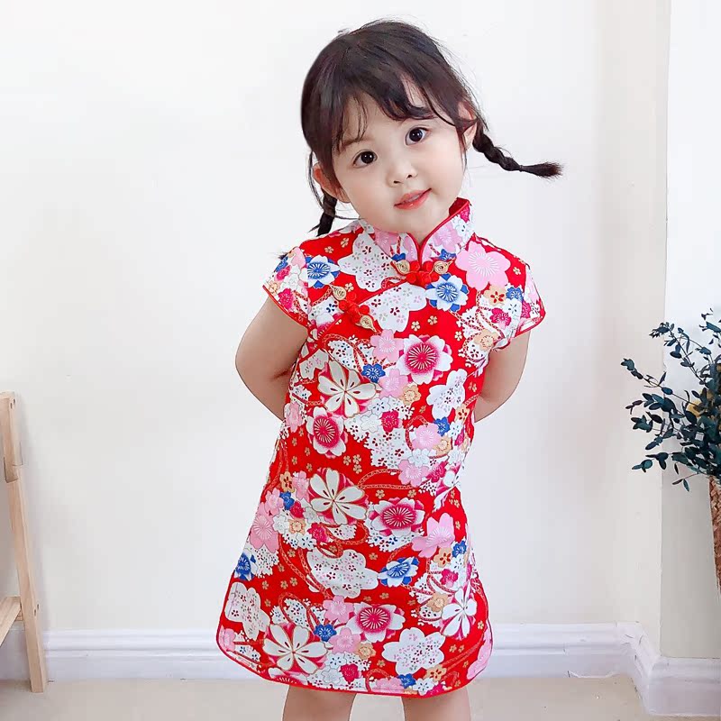 sườn xám mùa hè bông hoa anh đào váy gió Trung Quốc Girls ngắn tay nghiền nát hoa baby Tang váy trẻ Vintage váy.