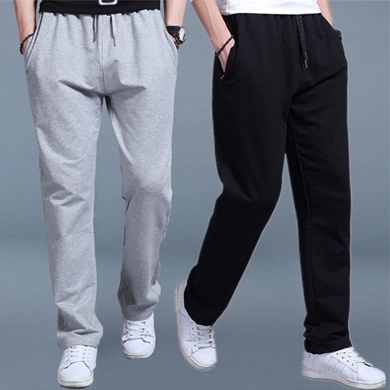 Men's Pure Cotton Straight-Leg Loose Casual Long Pants Spring and Summer Elastic Drawstring Zipper Thin Sweatpants