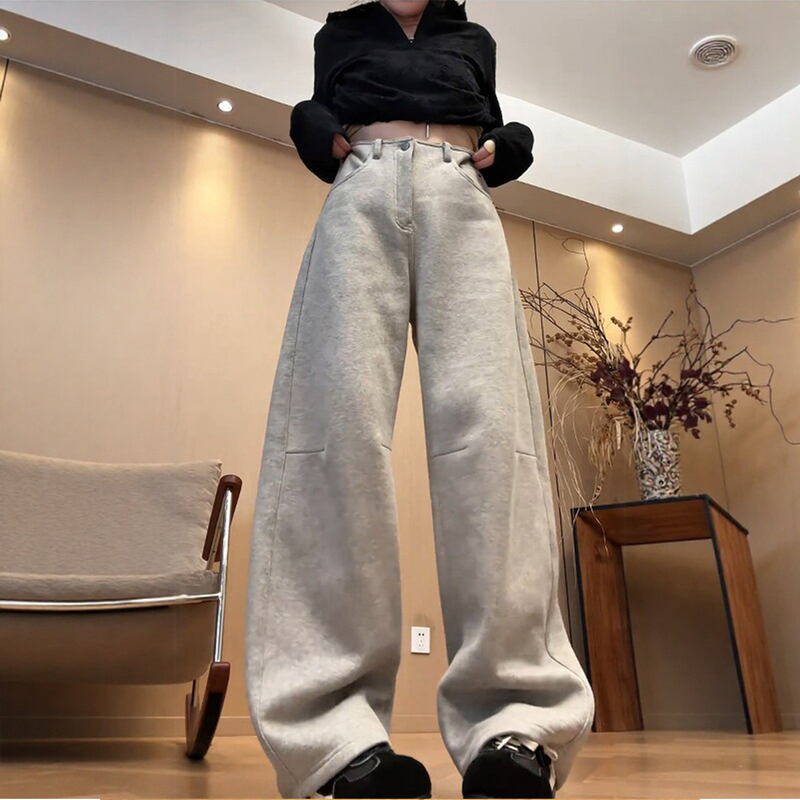 Light Gray Sports Scimitar Pants for Women, New Autumn and Winter Style, Plus Size, Pear-Shaped Body, Hip-Covering, Loose, Versatile, Casual Wide-Leg Pants