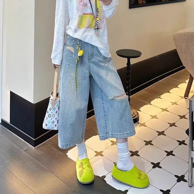 Blue Ripped Jeans for Women, New Summer Style, Plus Size, Slimming, Loose Fit, High-Waisted, Stylish Cropped Straight-Leg Pants