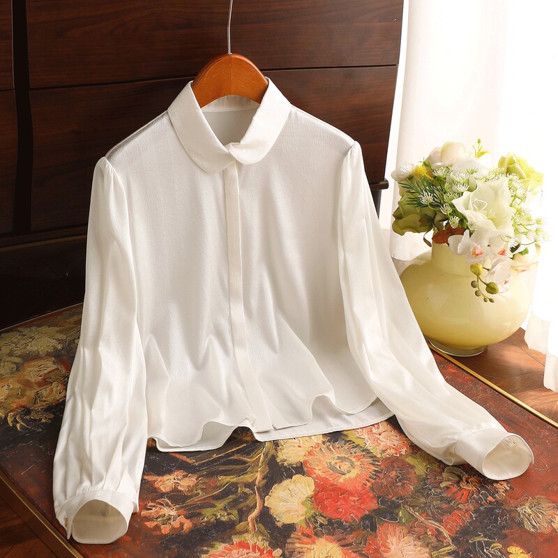 Yunshu 100% Mulberry Silk Inner Layer Long-Sleeve Shirt with a High-End Feel, Doll-Style Layered Collar, 21 Momme Silk Top