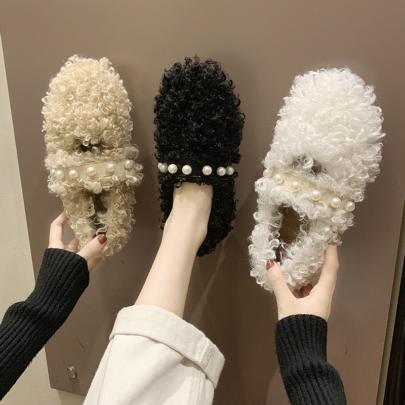 Gross Fur Shoes Women Winter Outwear Plus Suede 2021 New Net Red 100 Hitch Pearls Curly Wool lamb Beans Single Shoes