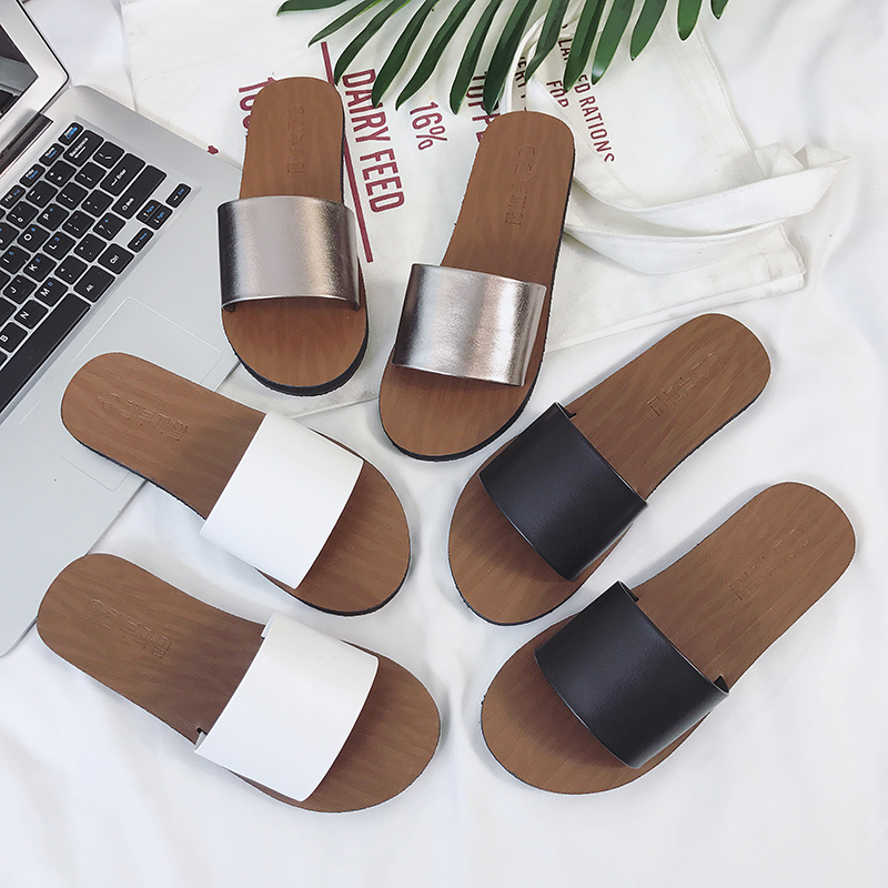 2023 summer new Korean style fashion all-match one-word slippers women's flat heel flat bottom beach non-slip sandals and slippers women's shoes