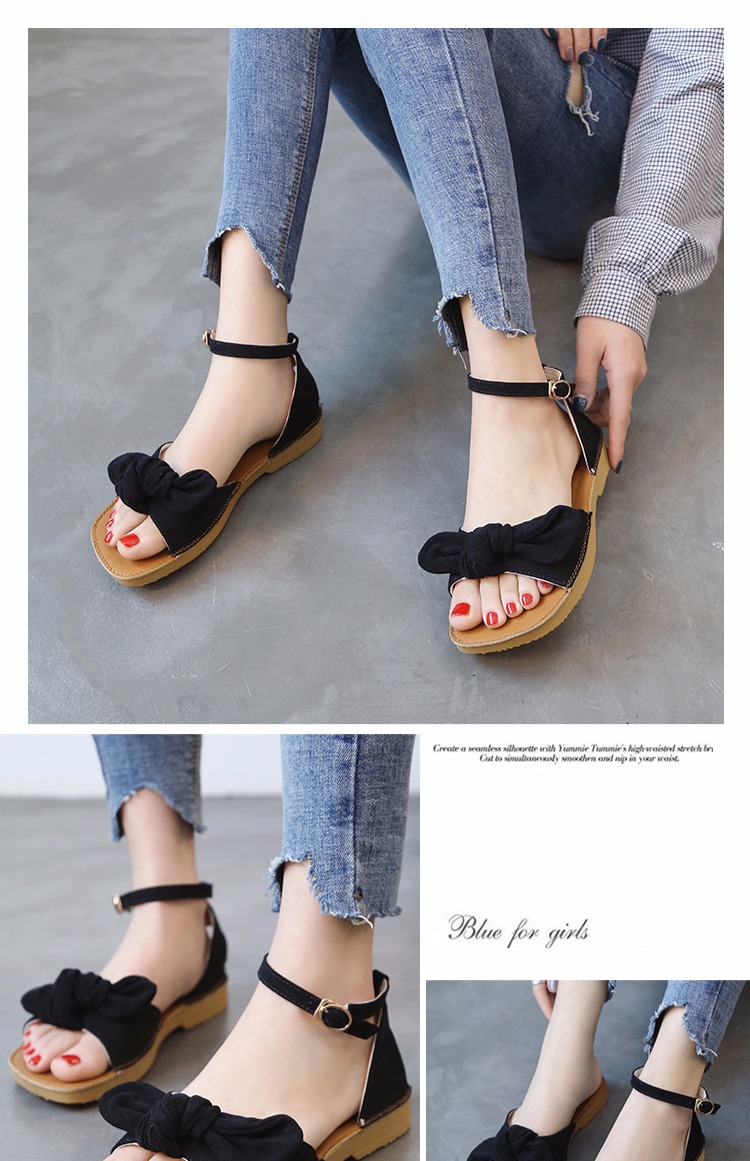Phiên bản tiếng Hàn của từ khóa sandal đế bằng nữ mùa hè 2018 mới mềm đáy retro học sinh hoang dã nơ mềm sandal nữ đi học