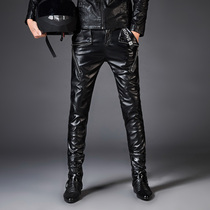 Takeaway cycling leather pants Mens leather pants velvet thickened trend slim warm windproof motorcycle motorcycle PU leather pants
