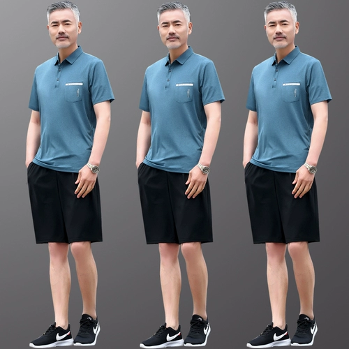 Летняя одежда, комплект, футболка с коротким рукавом, мужской летний спортивный костюм для пожилых людей, для среднего возраста