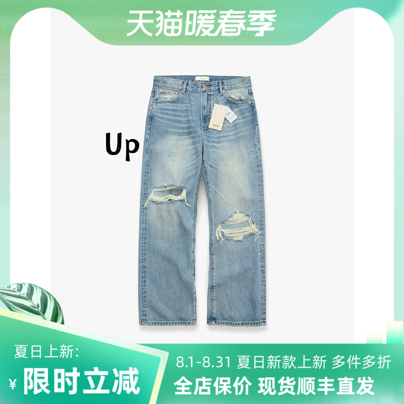 【Domestic Stock】Purey · Wr Japanese Denim Washed Blue Distressed Knife-Cut Hole Straight-Leg Jeans