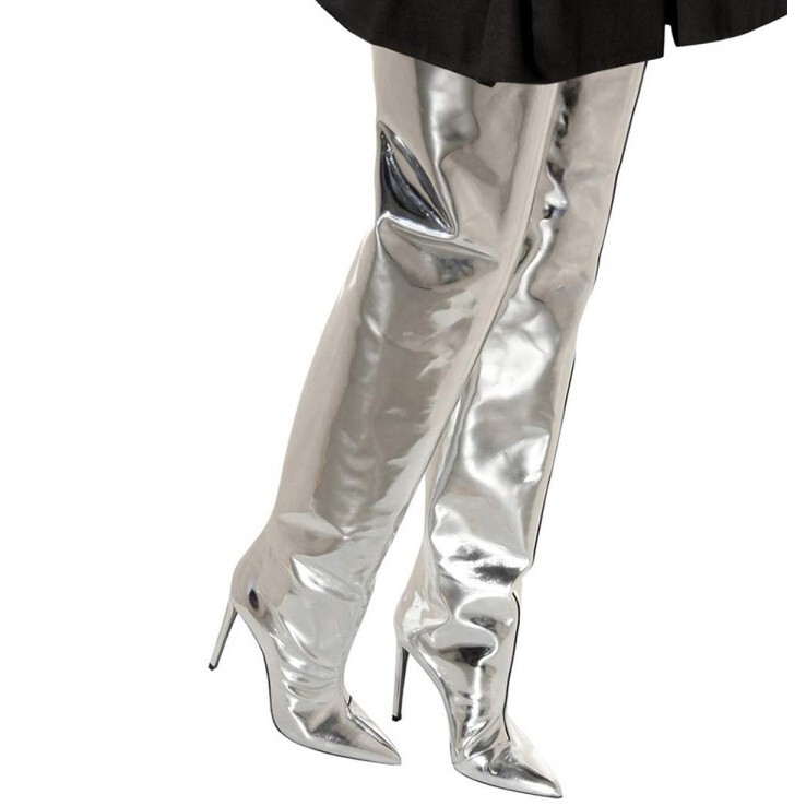 Stiletto Boots, High-Heeled Boots, Gold and Silver Bright Patent Leather Nightclub Catwalk Slip-On Women's Shoes, Straight Thigh Boots