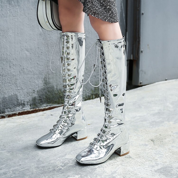 Gold and Silver Patent Leather Long Boots, Chunky Heel, High-Top Martin Boots, Model Stage Performance Competition Small Size Fashion Catwalk Shoes
