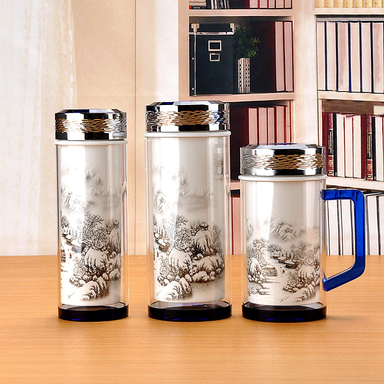 Ms jingdezhen double ceramic cups male portable water cups with cover and heat insulation glass office cup gift giving